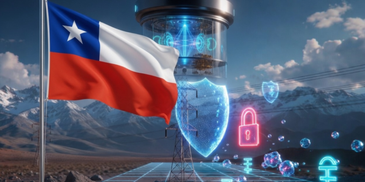 Una computadora cuántica sobre un desierto chileno junto con la bandera del país.