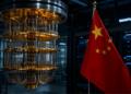 Un laboratorio cuรกntico con una computadora y un bandera china.