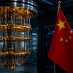 Un laboratorio cuántico con una computadora y un bandera china.