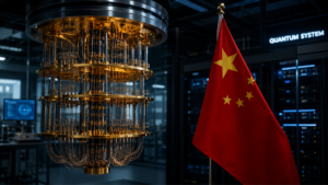 Un laboratorio cuántico con una computadora y un bandera china.
