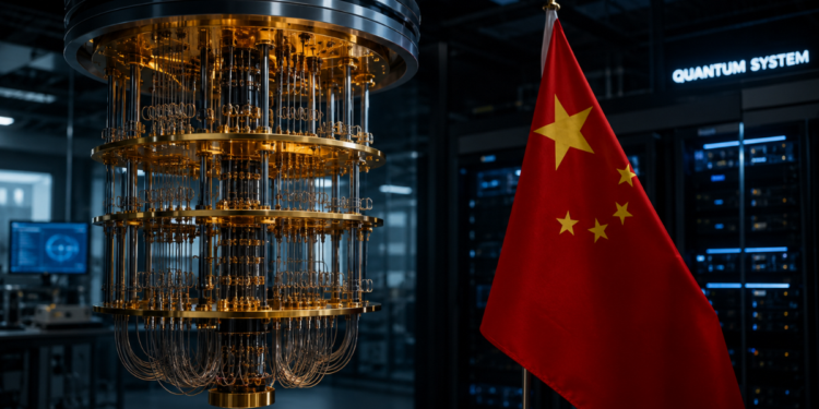 Un laboratorio cuántico con una computadora y un bandera china.