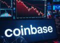 Gráficos bursátiles rojos en fuerte descenso en una sala de trading con el logo de Coinbase en primer plano.