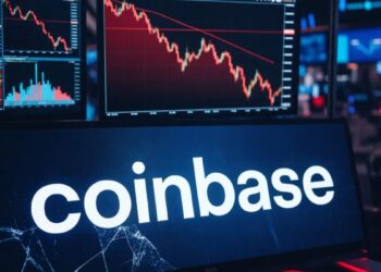 Gráficos bursátiles rojos en fuerte descenso en una sala de trading con el logo de Coinbase en primer plano.