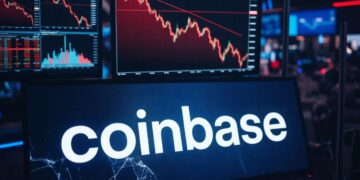 Gráficos bursátiles rojos en fuerte descenso en una sala de trading con el logo de Coinbase en primer plano.