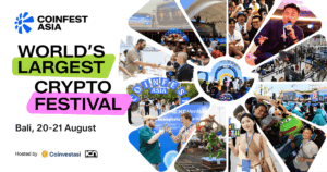 Banner promocional de Coinfest Asia en Bali, del 20 al 21 de agosto.