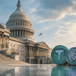 Imagen del congreso. Del lado derecho, el logo de las stablecoins principales.