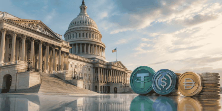Imagen del congreso. Del lado derecho, el logo de las stablecoins principales.