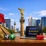 Monumento Ángel de la Independencia al centro y la bandera de México a la izquierda. Sobre una mesa de madera en primer plano las monedas bitcoin, Ripple y USDT junto a una laptop con los nombres y logos de los exchanges más usados en este país, Bitso, Binance y Kraken.