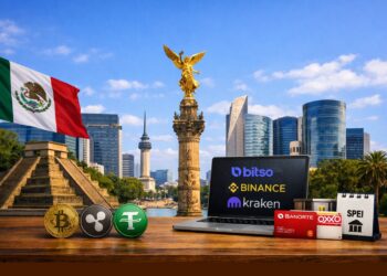 Monumento Ángel de la Independencia al centro y la bandera de México a la izquierda. Sobre una mesa de madera en primer plano las monedas bitcoin, Ripple y USDT junto a una laptop con los nombres y logos de los exchanges más usados en este país, Bitso, Binance y Kraken.