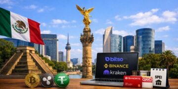 Monumento Ángel de la Independencia al centro y la bandera de México a la izquierda. Sobre una mesa de madera en primer plano las monedas bitcoin, Ripple y USDT junto a una laptop con los nombres y logos de los exchanges más usados en este país, Bitso, Binance y Kraken.