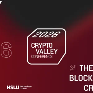 Banner de **Crypto Valley Conference 2026** en Suiza, programada para el 28 de mayo.