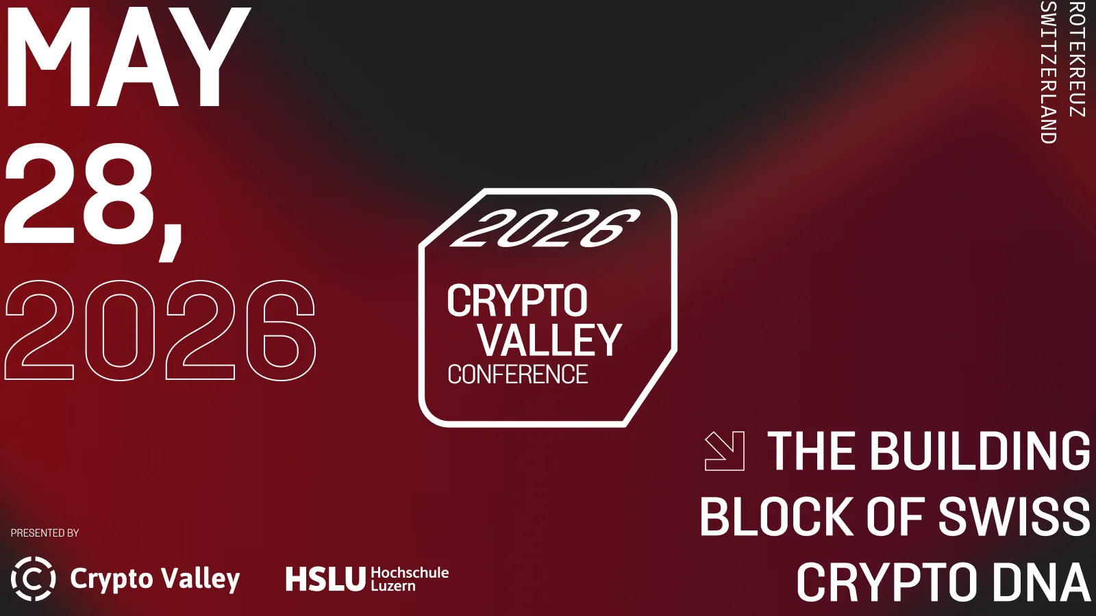 Banner de **Crypto Valley Conference 2026** en Suiza, programada para el 28 de mayo.