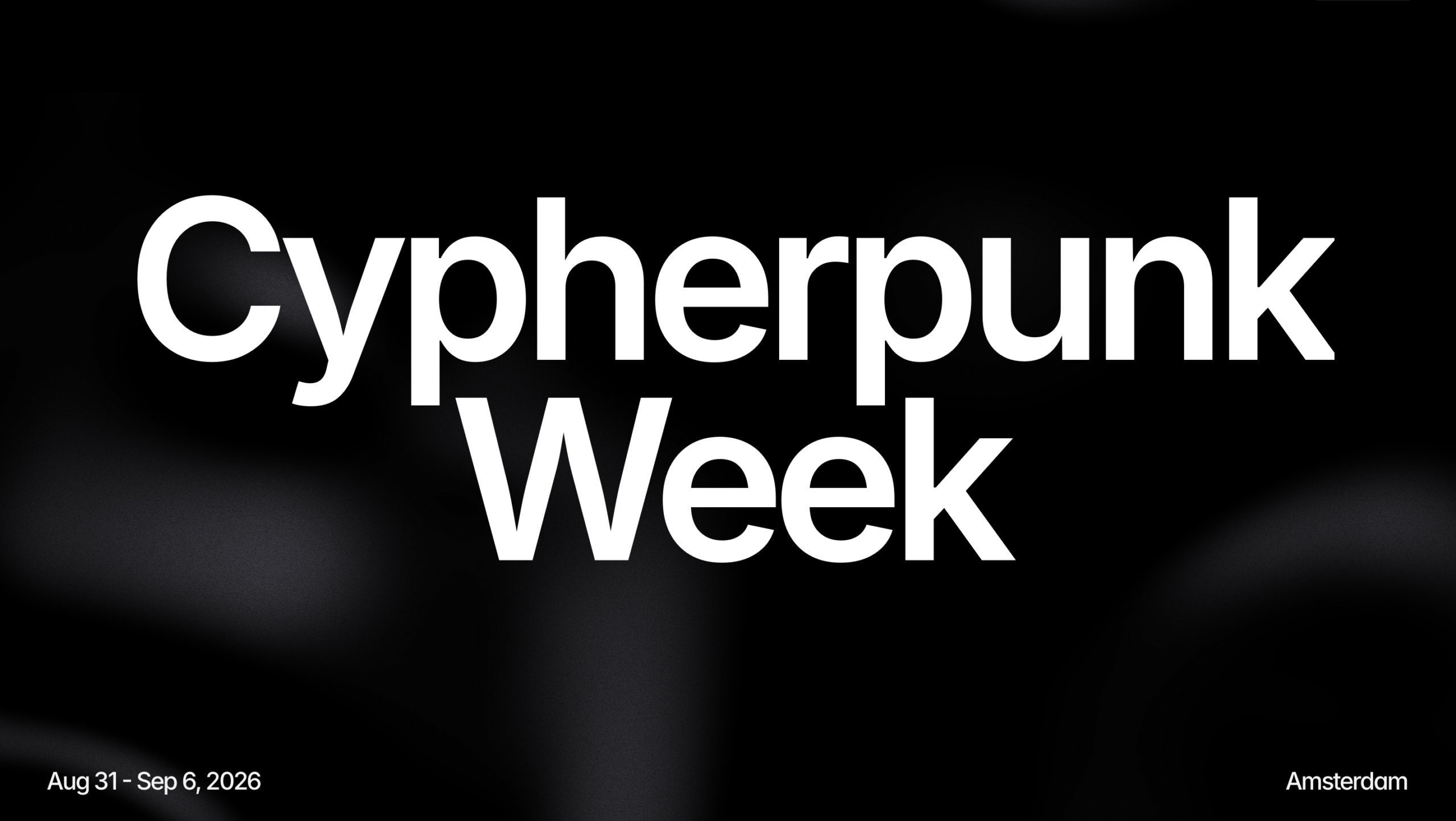 Anuncio minimalista de la Cypherpunk Week en Ámsterdam, programada del 31 de agosto al 6 de septiembre.
