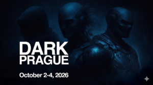 Imagen promocional de Dark Prague con tres figuras cibernéticas oscuras y texto del evento.