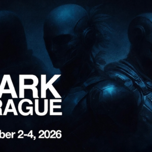 Imagen promocional de Dark Prague con tres figuras cibernéticas oscuras y texto del evento.