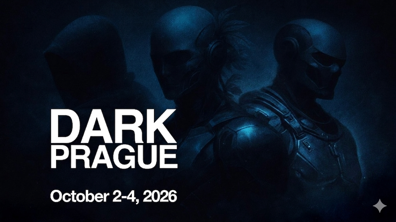 Imagen promocional de Dark Prague con tres figuras cibernéticas oscuras y texto del evento.