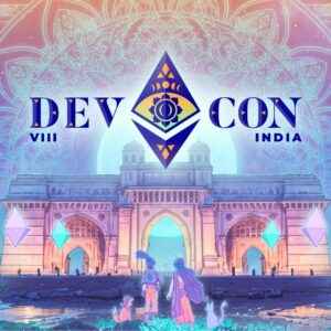 Banner de "Devcon VIII India" con ilustraciones místicas, la Puerta de la India y cristales de Ethereum.