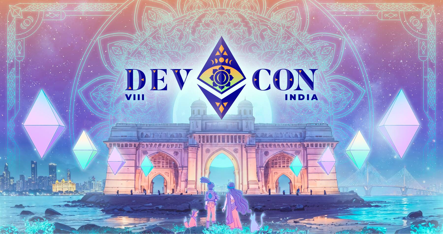Banner de "Devcon VIII India" con ilustraciones místicas, la Puerta de la India y cristales de Ethereum.