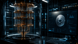 Un laboratorio con una computadora cuántica y una pantalla con una moneda de Ethereum.