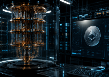 Un laboratorio con una computadora cuántica y una pantalla con una moneda de Ethereum.