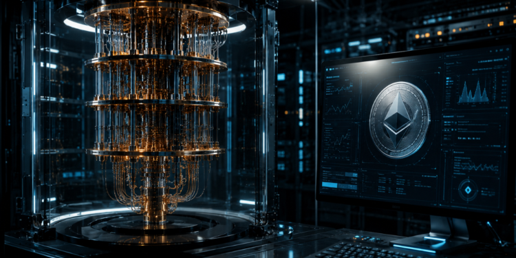 Un laboratorio con una computadora cuántica y una pantalla con una moneda de Ethereum.