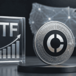Moneda de Canton Coin y una estructura que simboliza un ETF, con el mapa de los Estados Unidos.