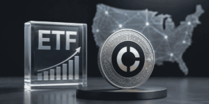 Moneda de Canton Coin y una estructura que simboliza un ETF, con el mapa de los Estados Unidos.