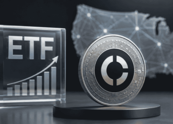 Moneda de Canton Coin y una estructura que simboliza un ETF, con el mapa de los Estados Unidos.