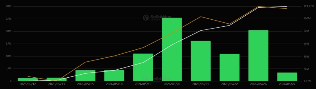 Gráfico de barras verdes mostrando el desempeño de los ETF de HYPE.