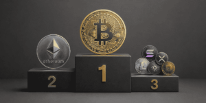 bitcoin en primer lugar en un podio.