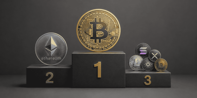 bitcoin en primer lugar en un podio.