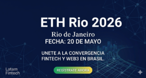 Aquí tienes el texto alternativo (alt text) de la imagen, reescrito para tener un máximo de 15 palabras: > Banner del evento Ethereum ETH Rio 2026 en Brasil, 20 de mayo.