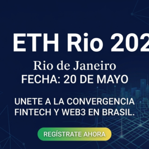 Aquí tienes el texto alternativo (alt text) de la imagen, reescrito para tener un máximo de 15 palabras: > Banner del evento Ethereum ETH Rio 2026 en Brasil, 20 de mayo.