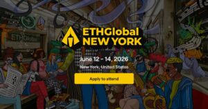 Banner ilustrado de "ETHGlobal New York", del 12 al 14 de junio de 2026, ambientado en un vagón de metro lleno de personajes de estilo cómic.