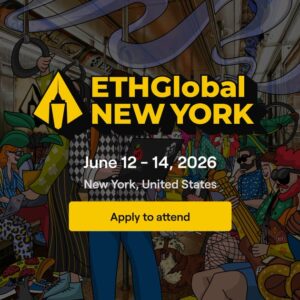 Banner ilustrado de "ETHGlobal New York", del 12 al 14 de junio de 2026, ambientado en un vagón de metro lleno de personajes de estilo cómic.