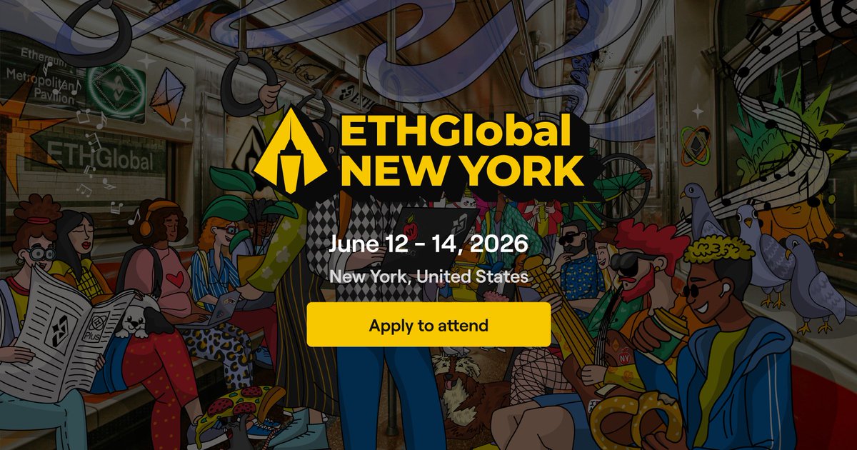 Banner ilustrado de "ETHGlobal New York", del 12 al 14 de junio de 2026, ambientado en un vagón de metro lleno de personajes de estilo cómic.