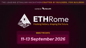 Banner del evento "ETHRome 2026" sobre fondo oscuro, anunciando fechas del 11 al 13 de septiembre.