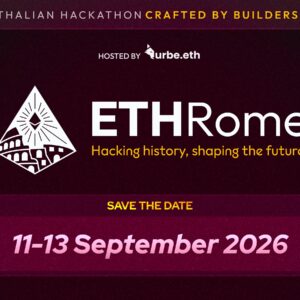 Banner del evento "ETHRome 2026" sobre fondo oscuro, anunciando fechas del 11 al 13 de septiembre.