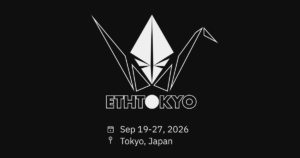 Logo de "ETHTokyo 2026" con una grulla de origami blanca sobre fondo negro.