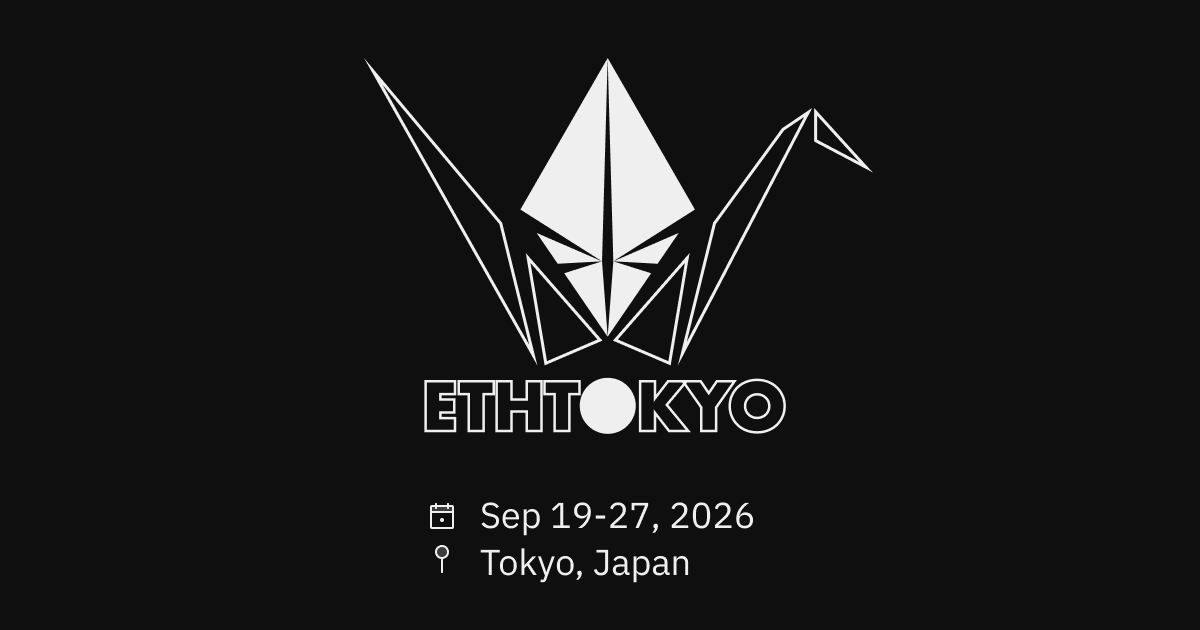 Logo de "ETHTokyo 2026" con una grulla de origami blanca sobre fondo negro.