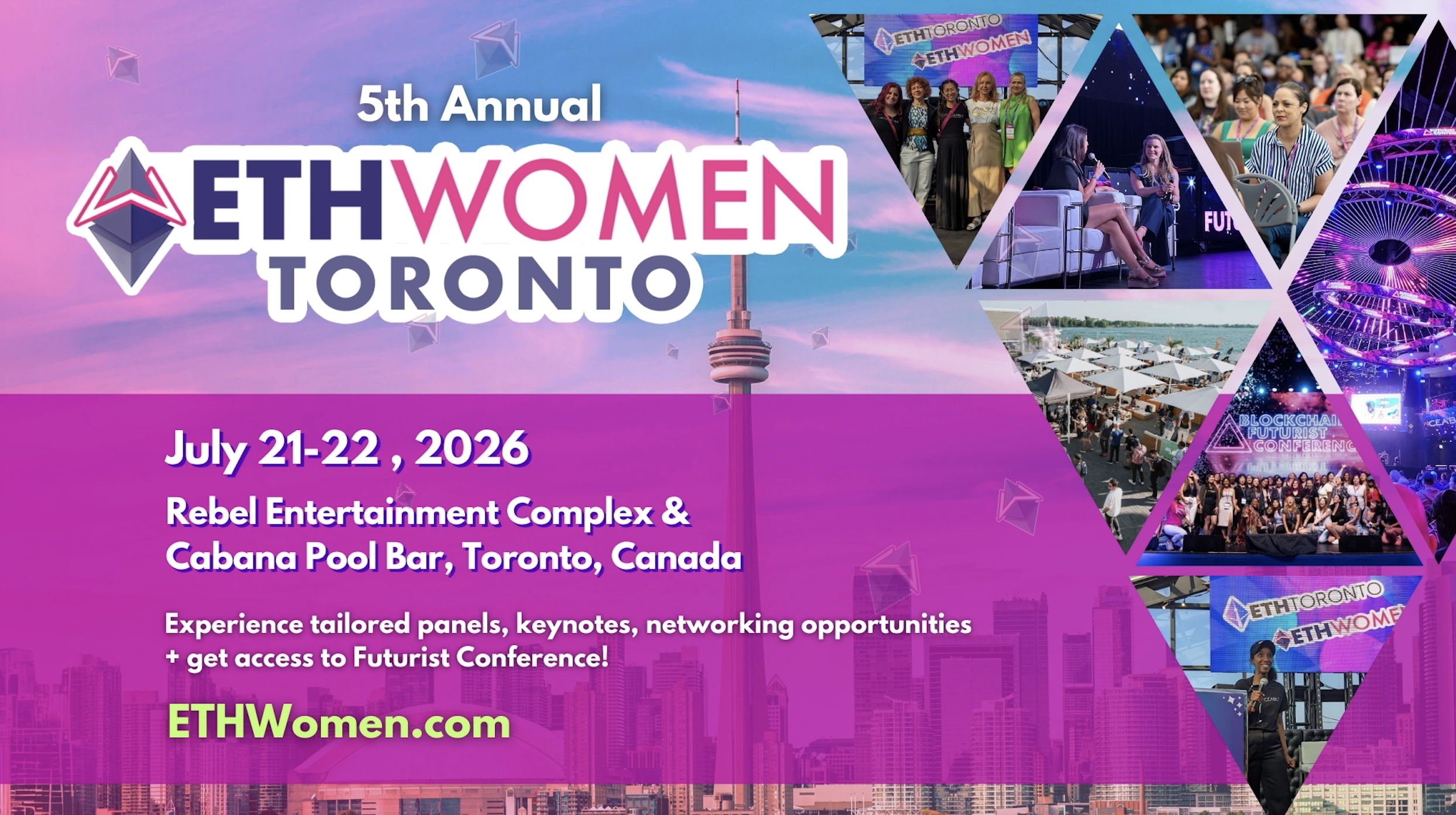 Anuncio de la Blockchain Futurist Conference en Toronto y Florida para el año 2026.