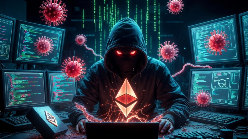 Un atacante cibernético operando una computadora para hackear wallets de Ethereum.