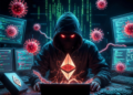 Un atacante cibernético operando una computadora para hackear wallets de Ethereum.