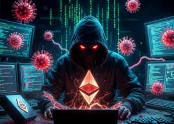 Un atacante cibernético operando una computadora para hackear wallets de Ethereum.