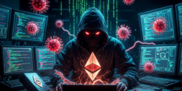 Un atacante cibernético operando una computadora para hackear wallets de Ethereum.