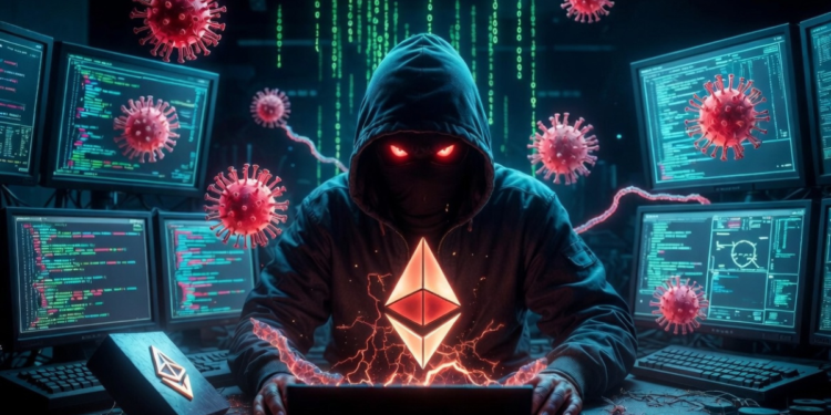 Un atacante cibernético operando una computadora para hackear wallets de Ethereum.
