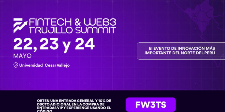 Banner promocional del Fintech & Web3 Trujillo Summit 2026, evento de innovación en Universidad Cesar Vallejo del 22 al 24 de mayo