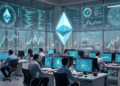 Un laboratorio con investigadores, gráficos, símbolos financieros y el logo de la red Ethereum.