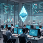 Un laboratorio con investigadores, gráficos, símbolos financieros y el logo de la red Ethereum.