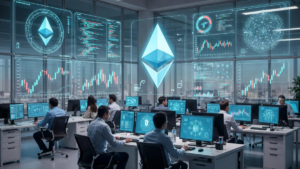 Un laboratorio con investigadores, gráficos, símbolos financieros y el logo de la red Ethereum.